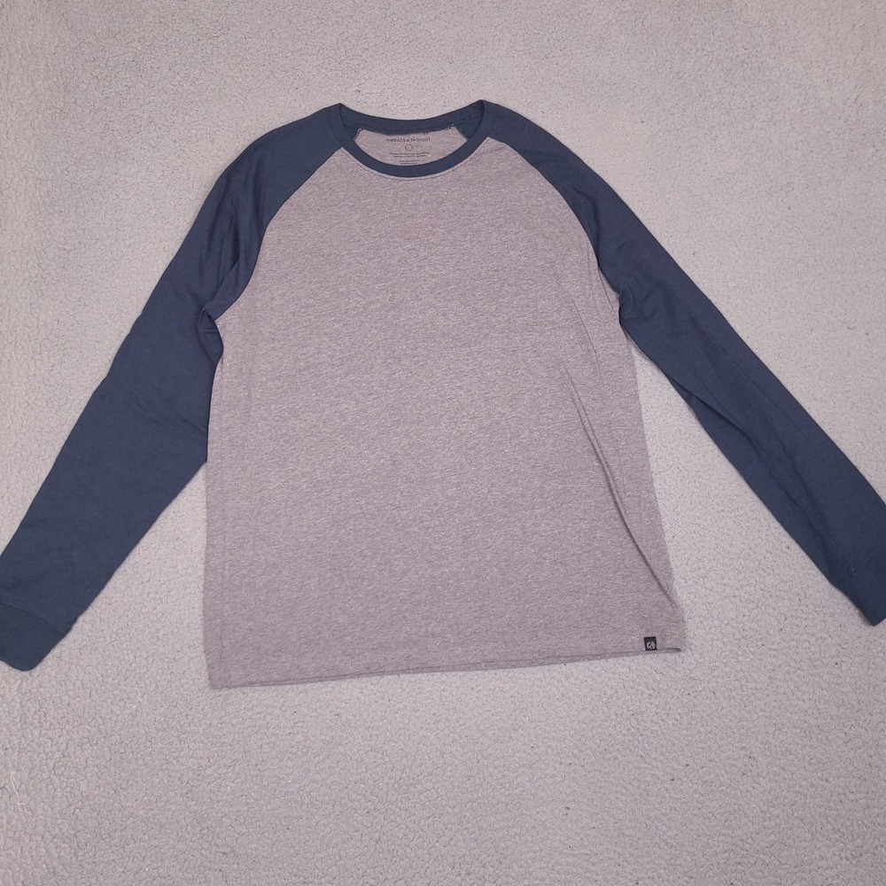 Threads 4 Thought Shirt Men Large Raglan Baseball Tee Gray Navy Blue Long Sleeve